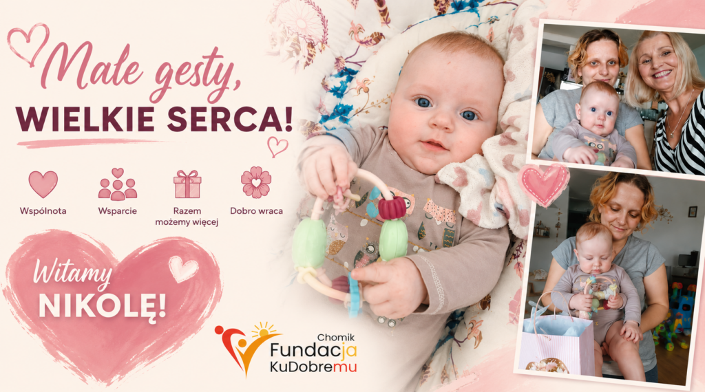 Grafika powitalna Fundacji Chomik – Ku Dobremu z hasłem „Małe gesty, wielkie serca! Witamy Nikolę!”. W centrum znajduje się zdjęcie niemowlęcia trzymającego kolorową zabawkę. Po prawej dwa mniejsze zdjęcia dziewczynki z mamą oraz drugą kobietą. Grafika utrzymana w pastelowych odcieniach różu i beżu, ozdobiona sercami. Widoczne hasła: „Wspólnota”, „Wsparcie”, „Razem możemy więcej”, „Dobro wraca” oraz logo Fundacji.